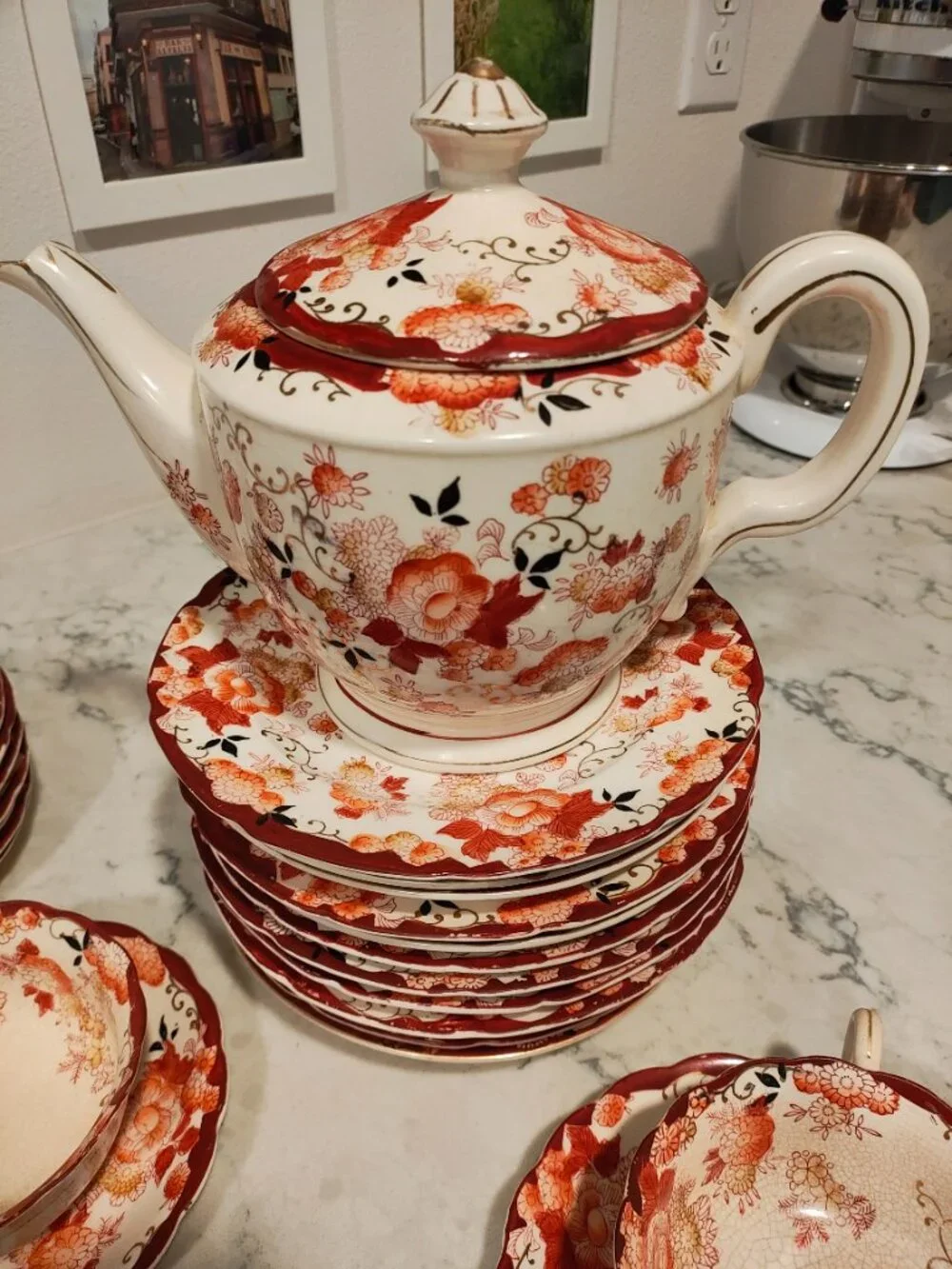 MORIYAMA MORI-MACHI JAPAN Antique China Tea Set Red Lotus